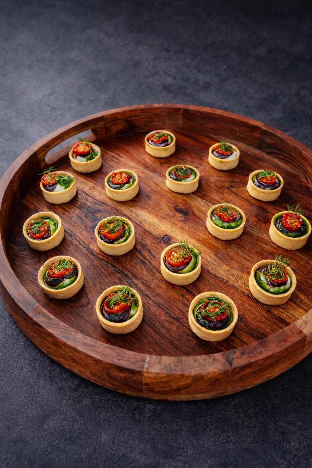 Tray of goat's cheese tartlets prepared for a wedding