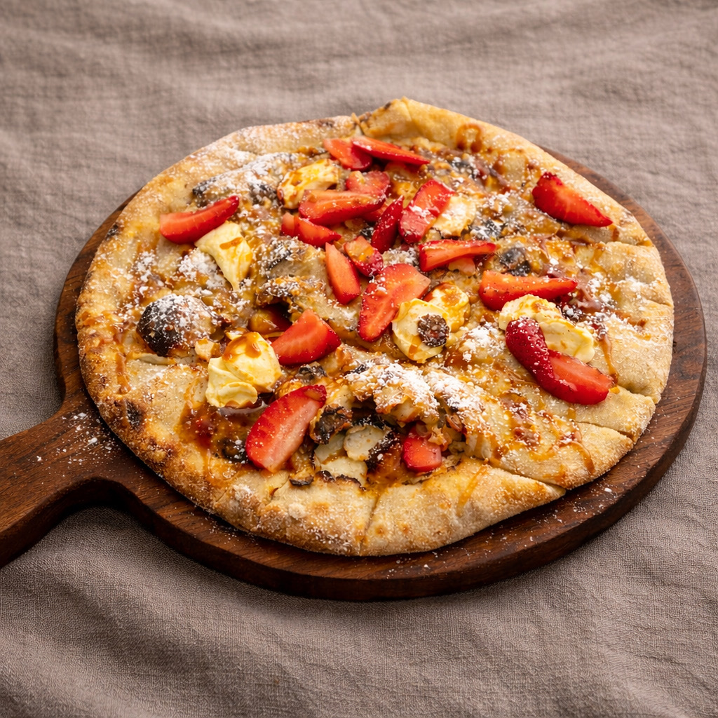 Woodfired dessert pizza with chocolate and icing sugar, sliced on a board