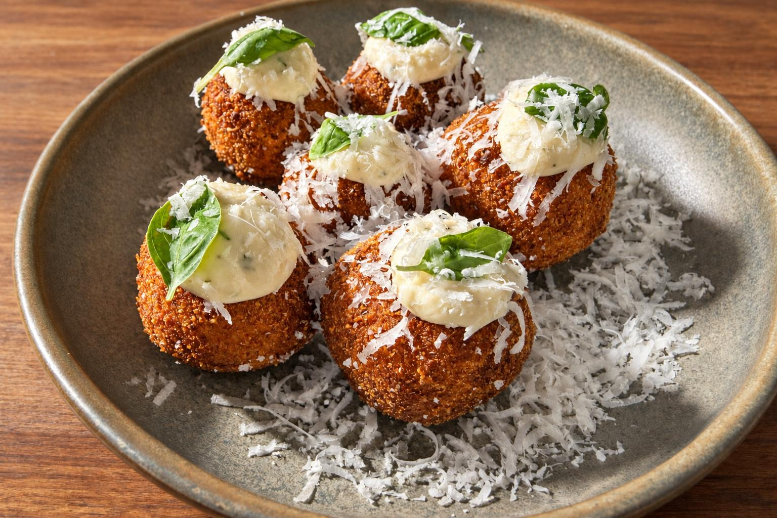 Pea, asparagus and taleggio arancini plated with a creamy topping and basil