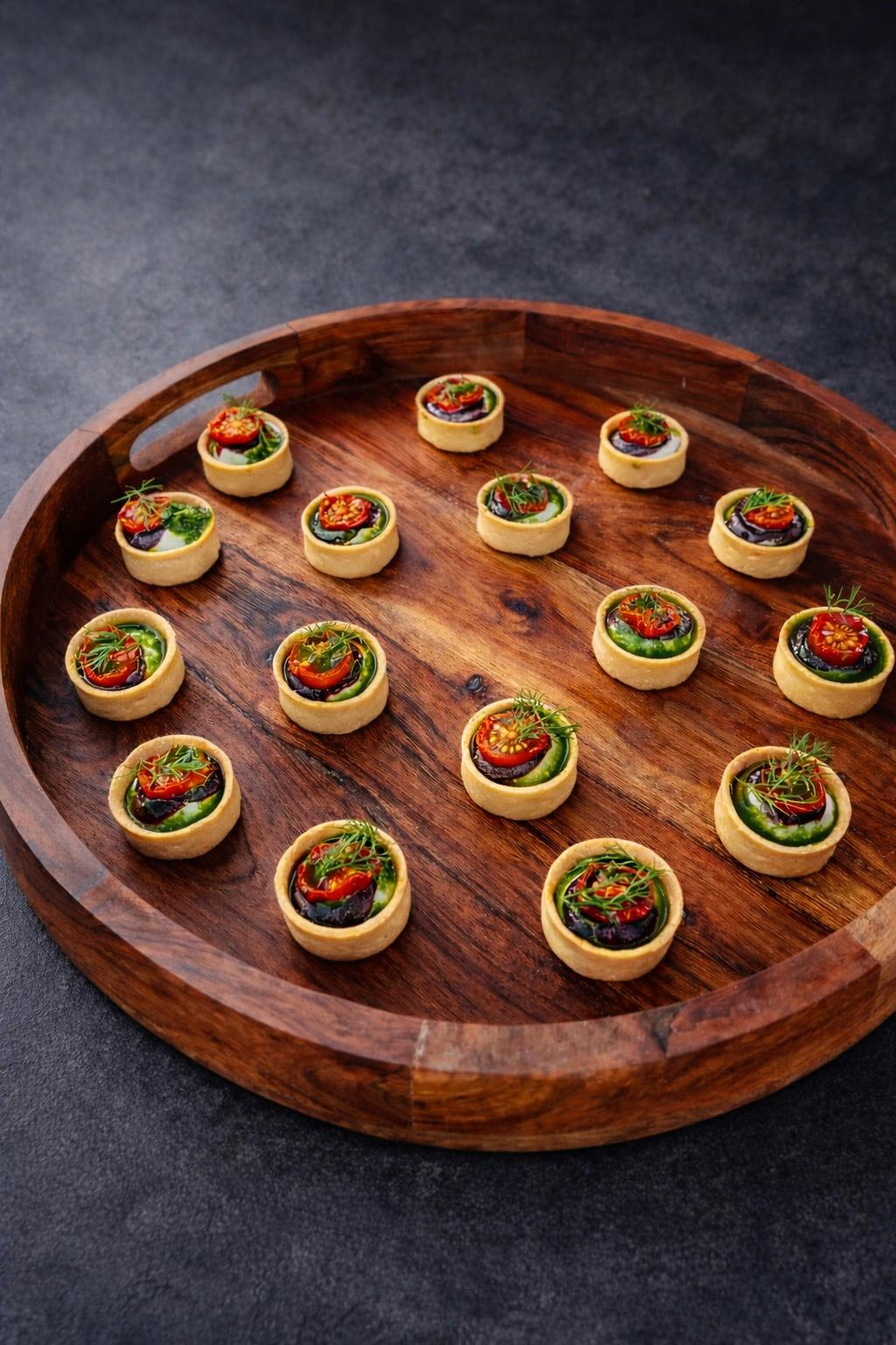 Goat's cheese tartlets with semi-dried tomato and dill on a round timber tray